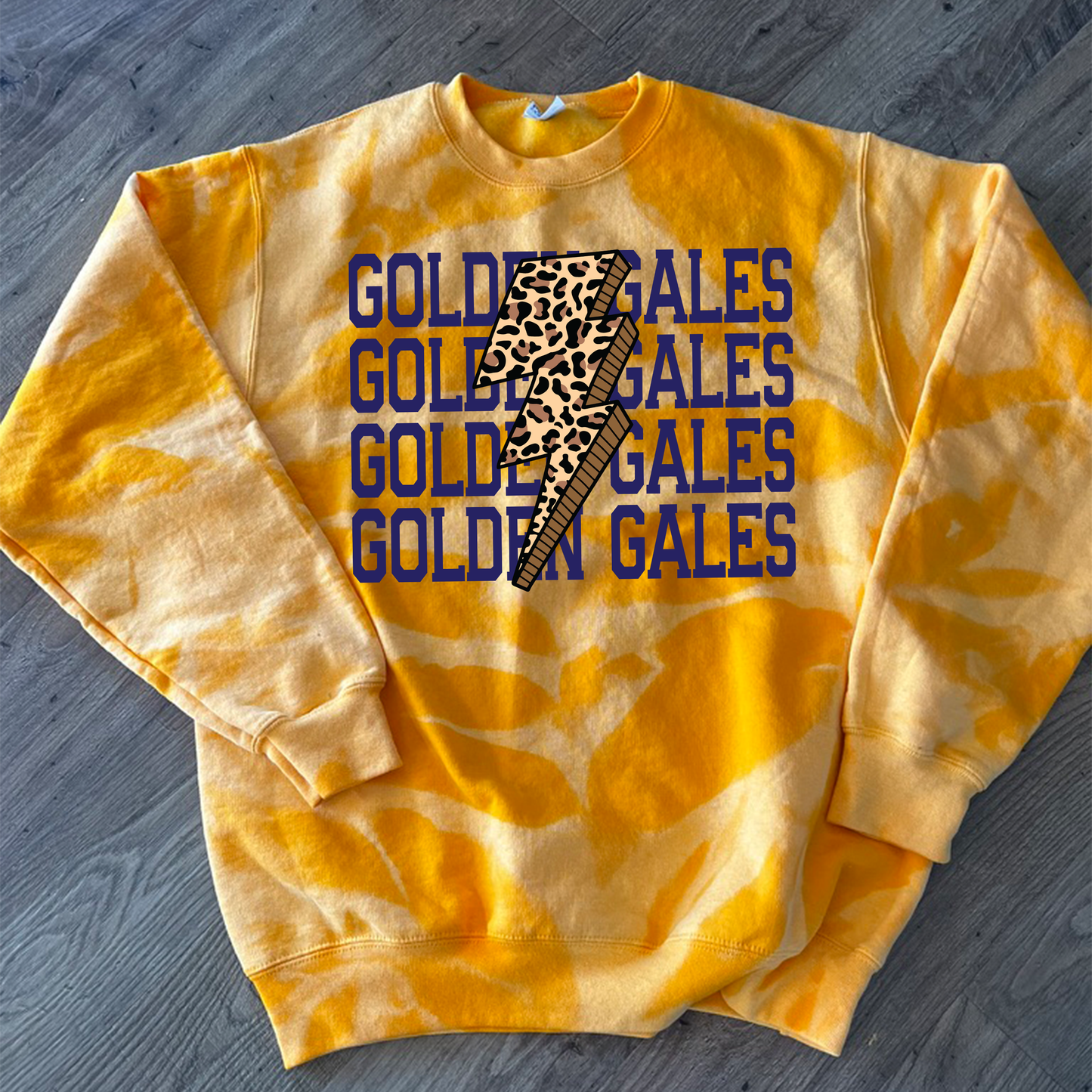 Golden Gales Lightning Scrunch Crewneck Sweatshirt – Tie‑Dye Style, Youth S–Adult 3XL