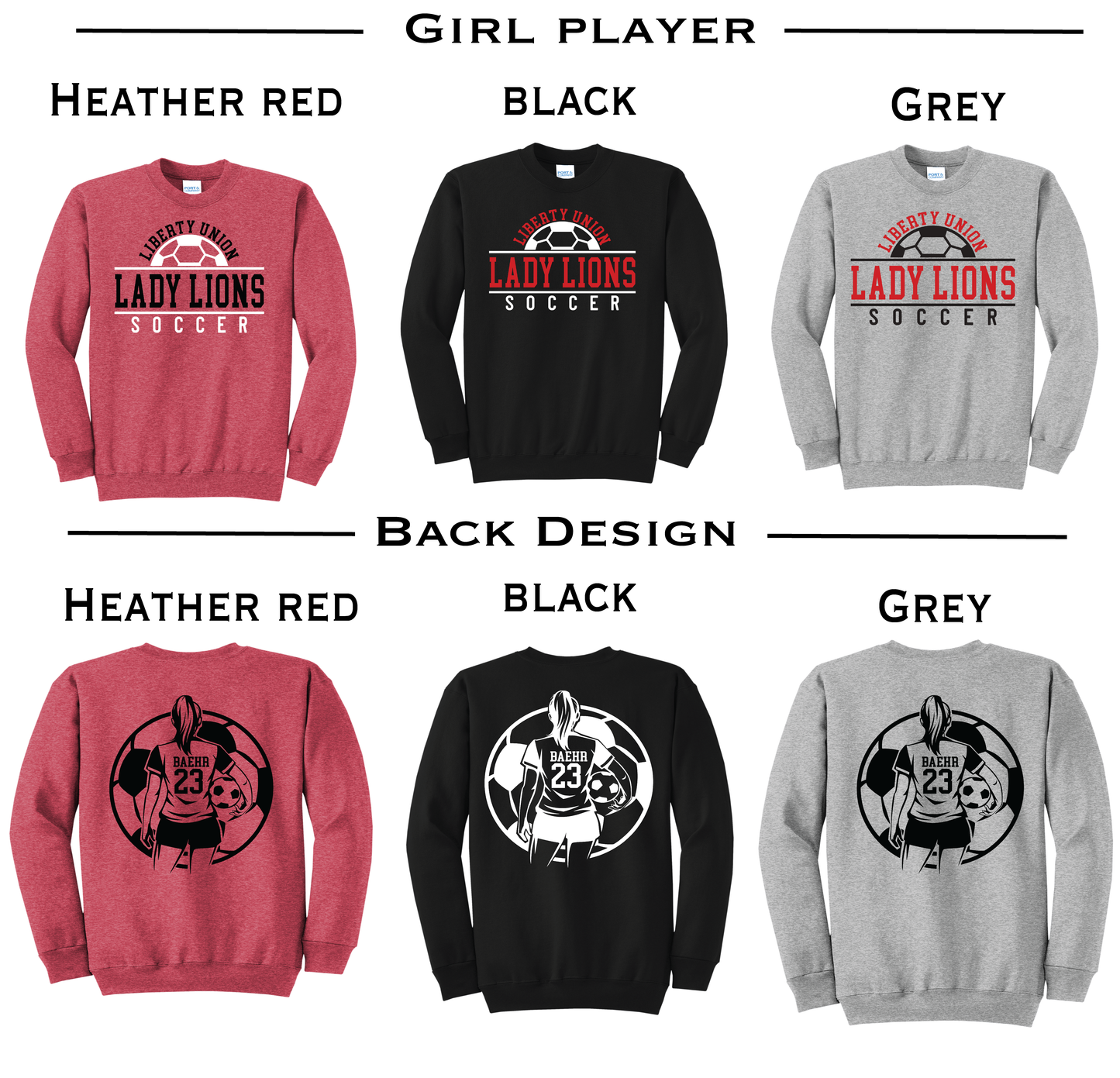 Liberty Union Lady Lions Soccer Personalized Crewneck Sweatshirt