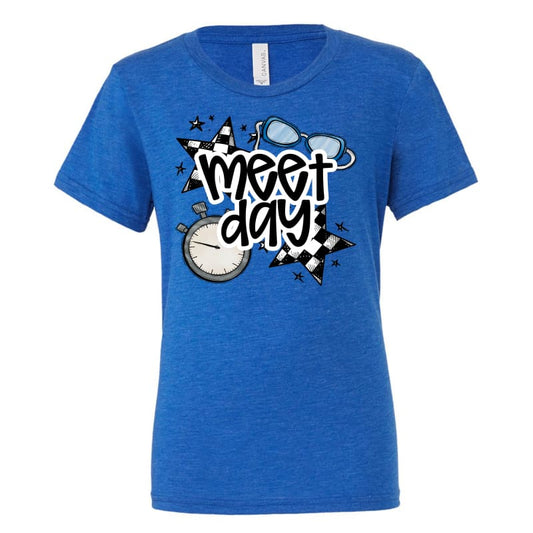 โฑ๏ธ Meet Day Tee | Blue Swim Shirt with Stopwatch & Goggles
