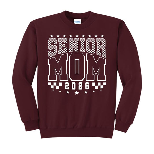 Senior Mom 2026 Checker Sweatshirt – Maroon & Cream (S–3XL)