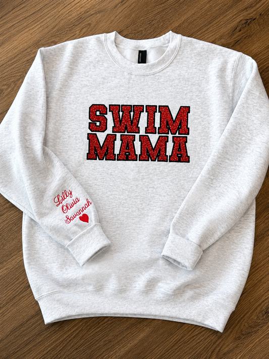 Glitter Varsity Swim Mama Personalized Sweatshirt