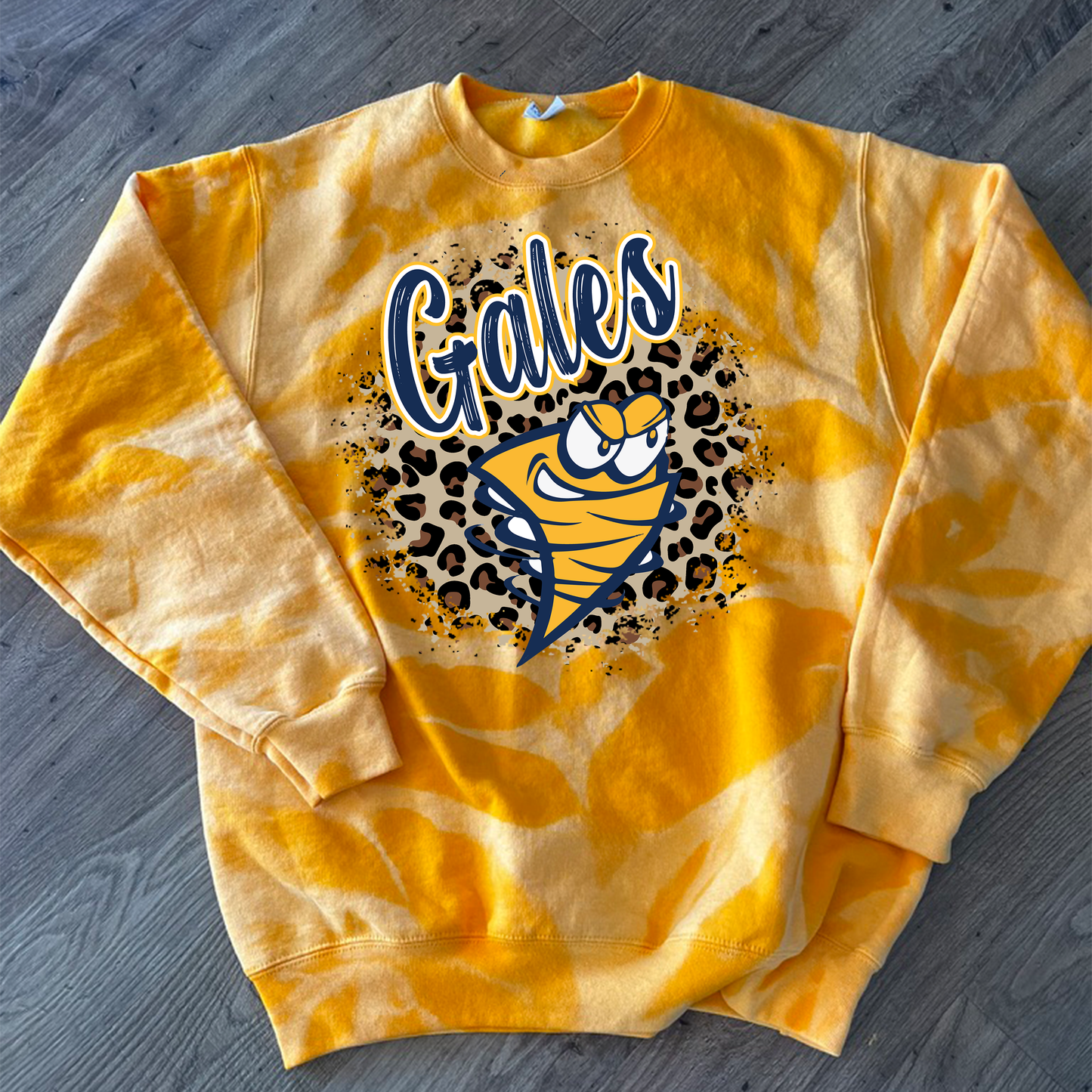 Gales Leopard Circle Crewneck Sweatshirt – Tie‑Dye Inspired Spirit Wear (Youth S to Adult 3XL)
