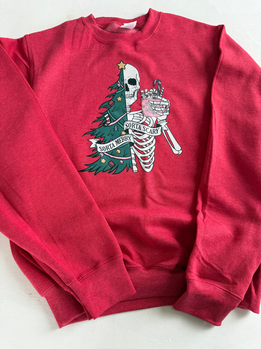 “SORTA MERRY, SORTA SCARY” Skeleton‑Tree Sweatshirt – Holiday Graphic Crewneck (Adult S‑2XL)