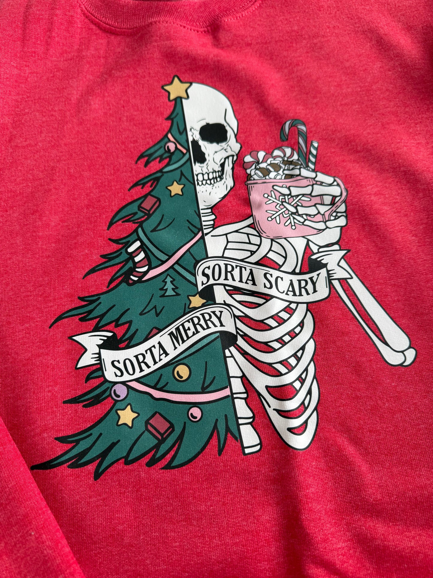 “SORTA MERRY, SORTA SCARY” Skeleton‑Tree Sweatshirt – Holiday Graphic Crewneck (Adult S‑2XL)