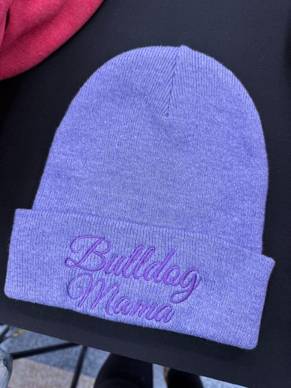 Embroidered “Bulldog Mama” Knit Beanie – Heather Mustard &