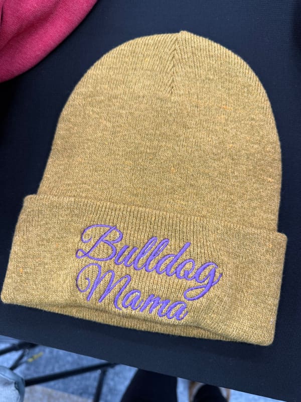 Embroidered “Bulldog Mama” Knit Beanie – Heather Mustard &