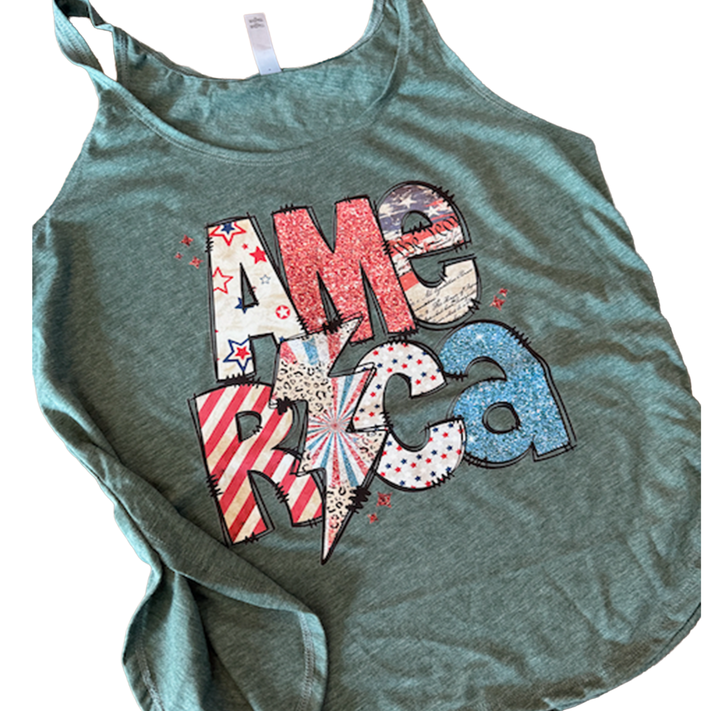 Royal Pine Flowy Festival America Tank featuring patriotic red white and blue America graphic on a women's flowy tank top.
