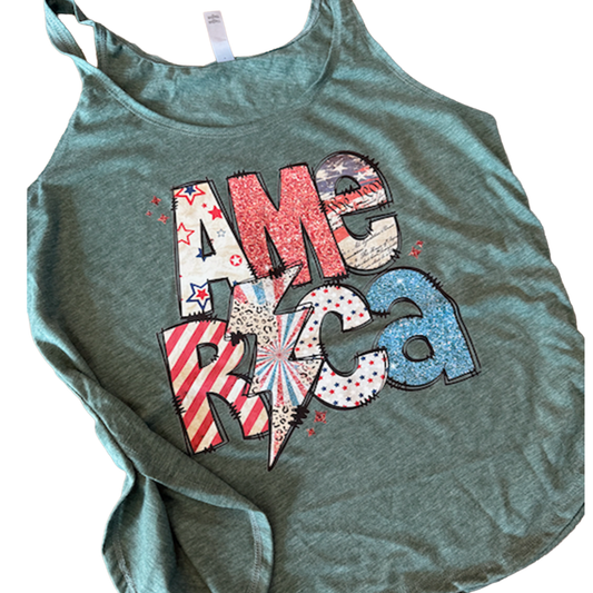 Royal Pine Flowy Festival America Tank featuring patriotic red white and blue America graphic on a women's flowy tank top.
