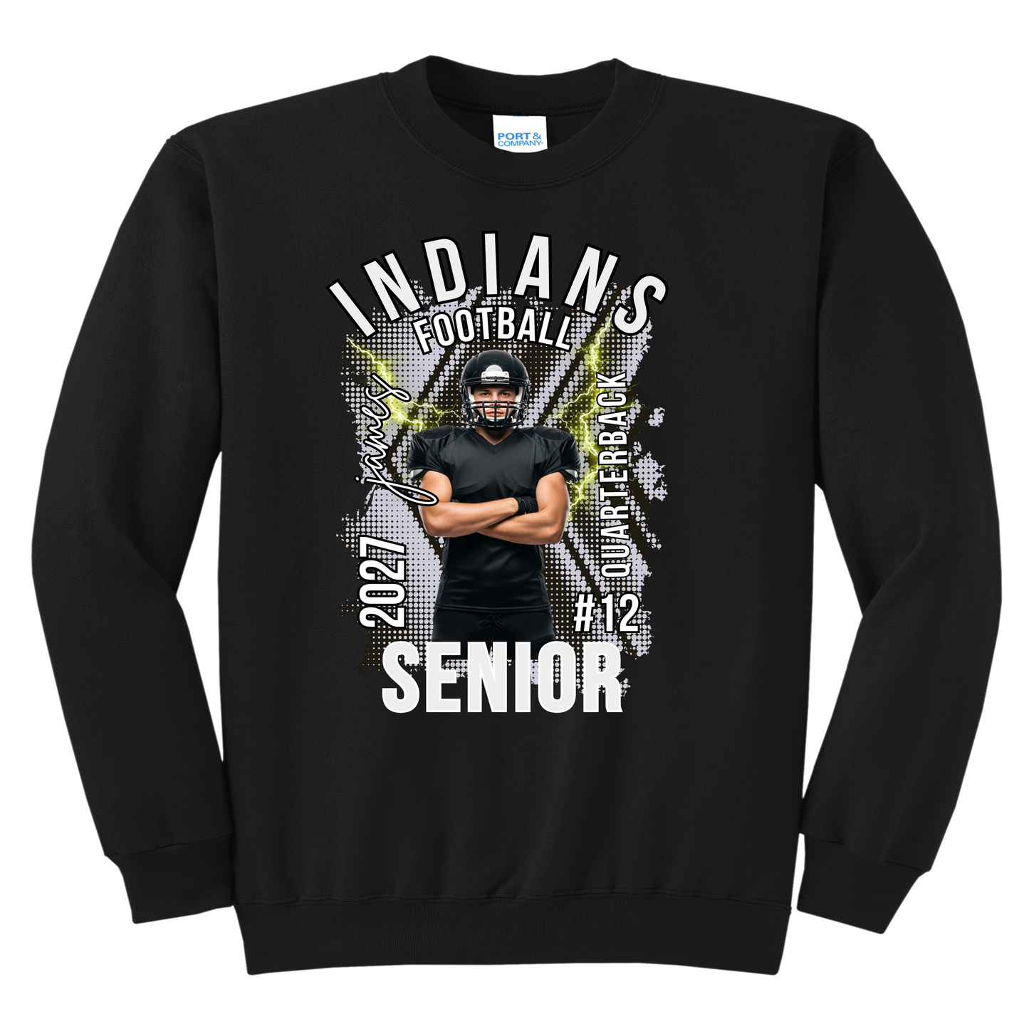 Custom Indians Football Senior Sweatshirt 2027 – Personalized Canal Winchester Football Crewneck for Players & Families