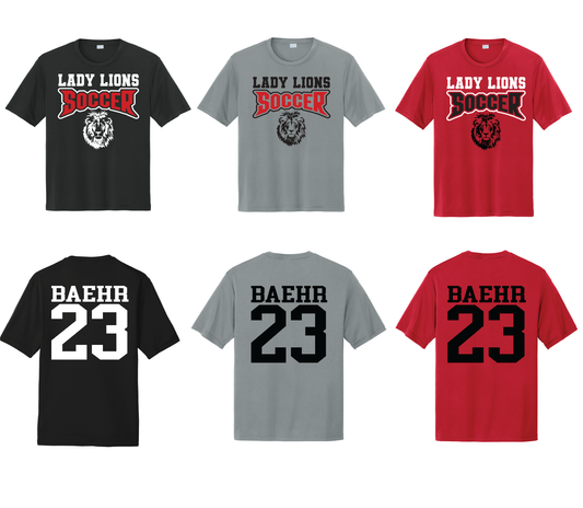 Liberty Union Lady Lions Soccer Personalized Lion Performance Tee