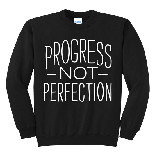 Progress Not Perfection Sweatshirt – Motivational Crewneck (Youth S–Adult 3XL, Black & Grey)