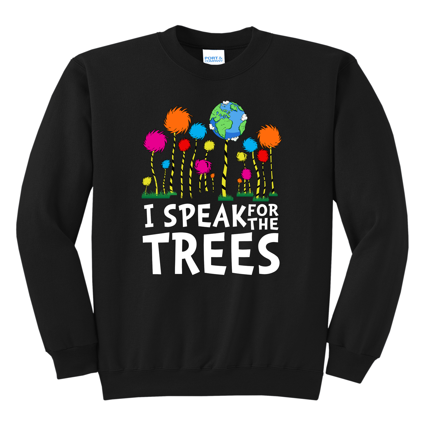 “Speak for the Trees” Crewneck Sweatshirt – Vibrant Forest Graphic (Youth S–Adult 3XL)