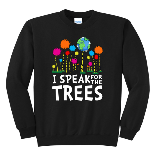 “Speak for the Trees” Crewneck Sweatshirt – Vibrant Forest Graphic (Youth S–Adult 3XL)