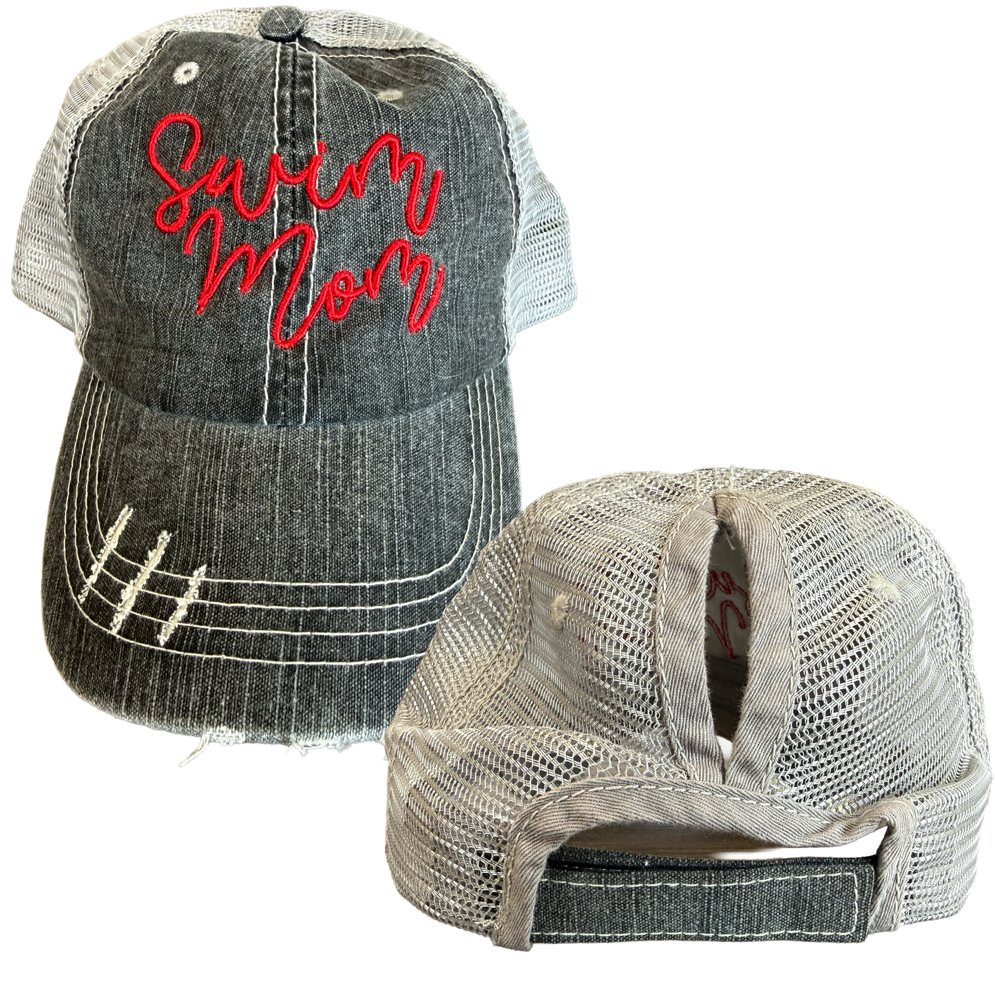 Swim Mom Distressed Ponytail Trucker Hat – Groveport Fighting Fish Team Spirit Cap