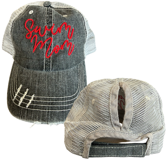 Swim Mom Distressed Ponytail Trucker Hat – Groveport Fighting Fish Team Spirit Cap