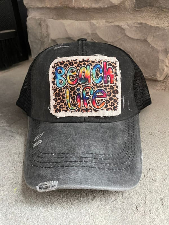 Beach Life Criss Cross Ponytail Hat - Black - Trucker Hats