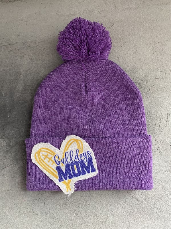 Bulldog Mom Beanie Winter Hat Toboggan Purple Pom Pom