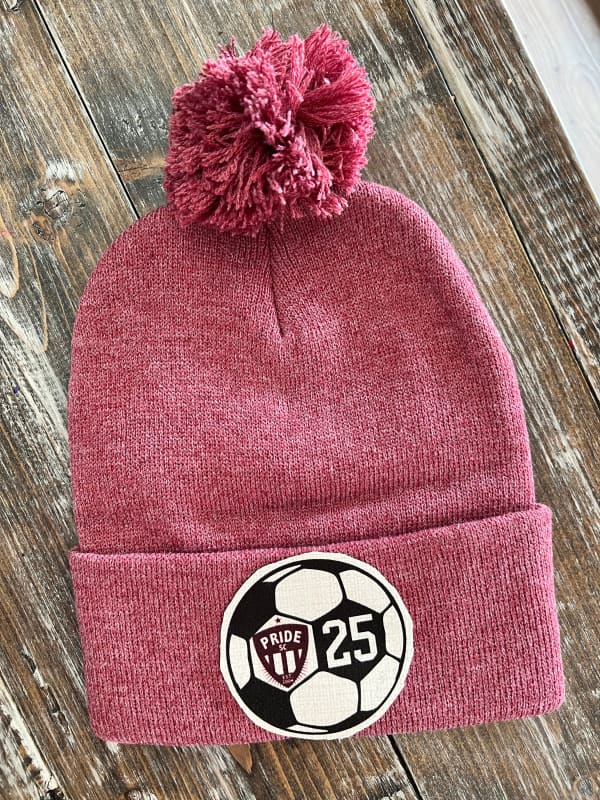 Custom Pride Soccer Number Beanie - Maroon Pom Pom - Winter 