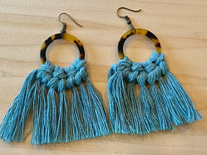 Green Macrame Cord Brown Leopard Hoop Dangle Earrings