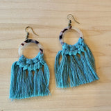 Green Macrame Cord White Leopard Hoop Dangle Earrings