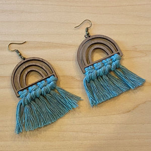 Green Macrame Cord Rainbow Wood Dangle Earrings