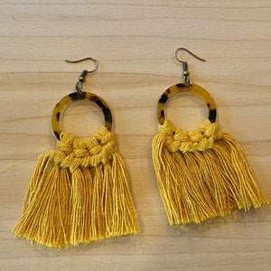 Mustard Macrame Cord Brown Leopard Hoop Dangle Earrings