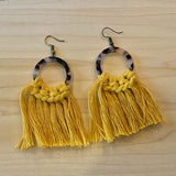 Mustard Macrame Cord White Leopard Hoop Dangle Earrings