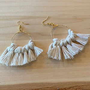 White Macrame Cord Dangle Hoop Earrings - Chic Loco Designs