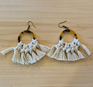 White Macrame Cord Brown Leopard Hoop Dangle Earrings