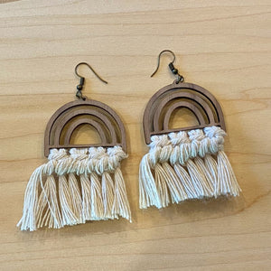 White Macrame Cord Rainbow Wood Dangle Earrings