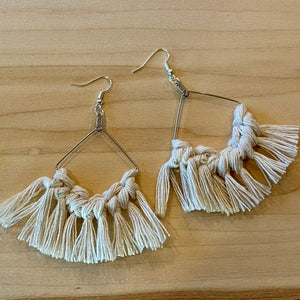 White Macrame Cord Silver Diamond Dangle Earrings