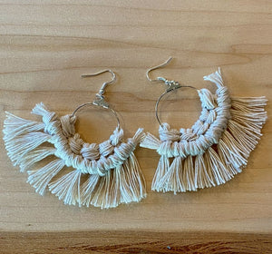White Macrame Cord Silver Hoop Dangle Earrings