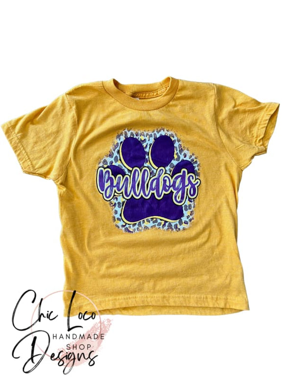 Yellow Leopard Paw Print Bulldogs Youth Tee - Small